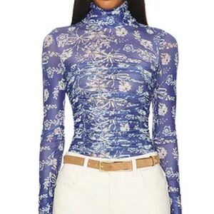 Free People Blue and White Long Sleeve Bodysuit